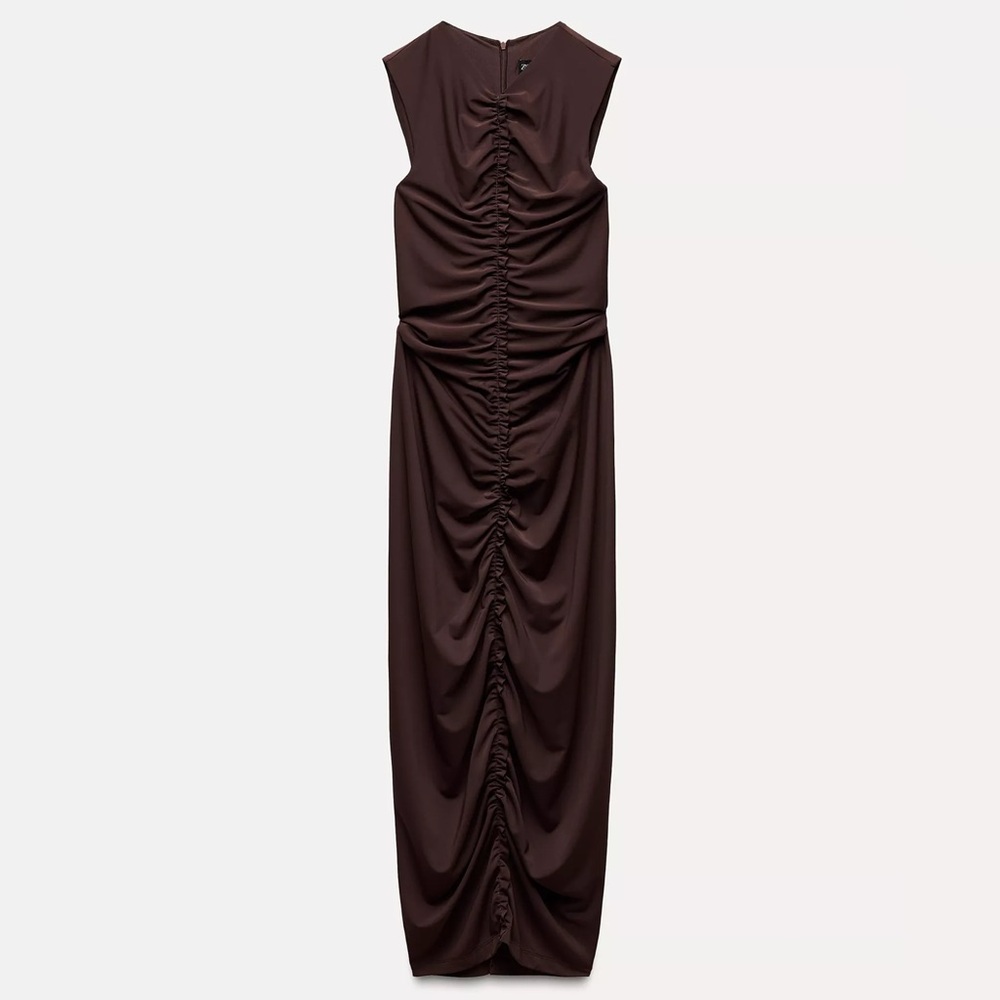 Zara Brown Ruched Maxi Dress